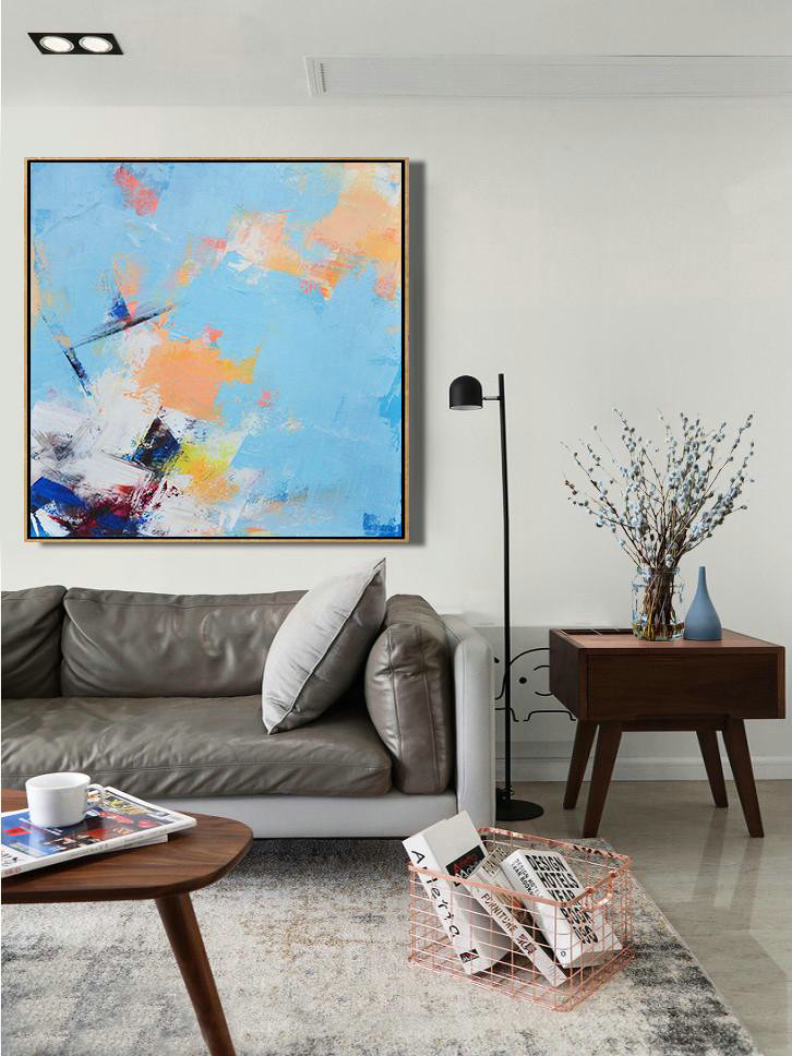Large Abstract Painting,Palette Knife Contemporary Art Canvas Painting,Big Living Room Decor,Sky Blue,Yellow,White,Dark Blue.etc